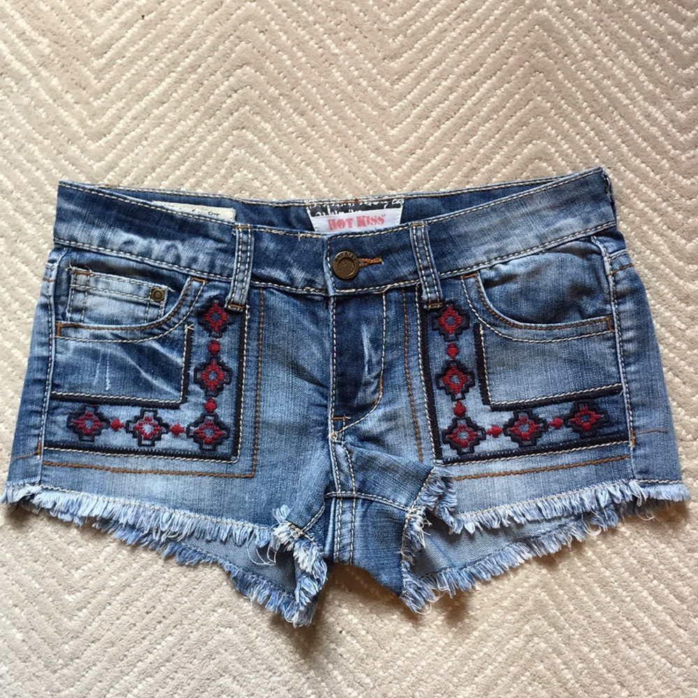 Embroidered Shorts with Frayed Hem